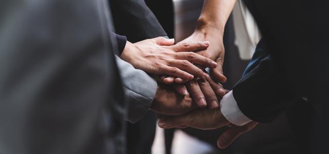 Large business team showing unity with their hands together